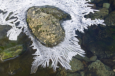 A partially frozen river in Easedale near Grasmere in the Lake District National Park, Cumbria, England, United Kingdom, Europe