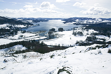 Snowfall over the Lake Windermere, Lake District National Park, Cumbria, England, United Kingdom, Europe