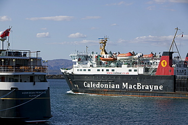 A Caledonian MacBrayne ferry leaving Oban harbour, Scotland, United Kingdom, Europe