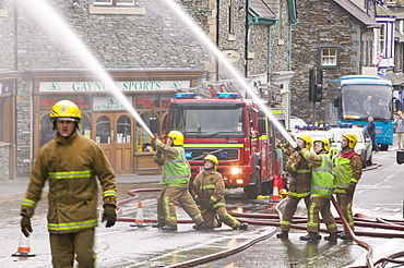 A fire being tackled by firemen in Ambleside, Lake Distruct, Cumbria, England, United Kingdom, Europe