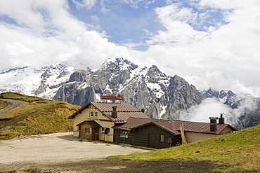 The Marmolada in the Italian Dolomites with a refuge, Trento, Trentino-Alto Adige, Italy, Europe