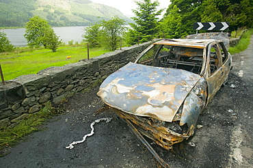 A stolen car burnt out in the Lake District, Cumbria, England, United Kingdom, Europe