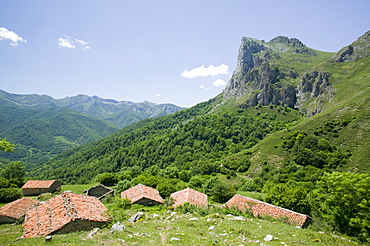 Summer mountain huts above Espinama in the Picos de Europa mountains, Northern Spain, Europe