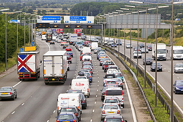 Traffic congestion on the M1 motorway at Loughborough, Leicestershire, England, United Kingdom, Europe