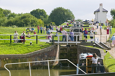 Foxton Locks on the Grand Union Canal, the longest series of locks in the UK with visitors on a summer's day, Leicestershire, England, United Kingdom, Europe