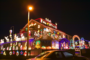 Christmas decorations on a house in Clitheroe, Lancashire, England, United Kingdom, Europe