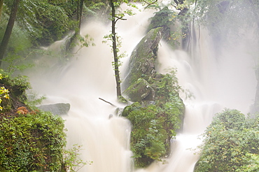 Stockghyll Force in full flood in summer Ambleside, Lake District, Cumbria, England, United Kingdom, Europe