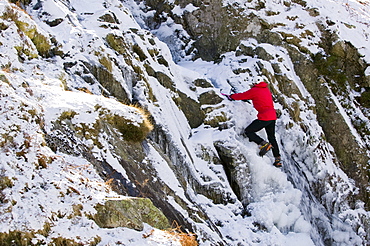 Ice climbing above Dunmail Raise in the Lake District, Cumbria, England, United Kingdom, Europe