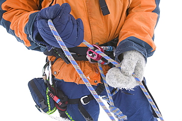 A winter climber on Aonach Mhor, Grampians, Highlands, Scotland, United Kingdom, Europe