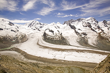 Receding glaciers and moraine above Zermatt, Switzerland, Europe