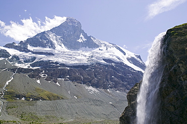 Melting glaciers on the north wall of the Matterhorn above Zermatt, Switzerland, Europe