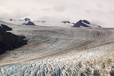 Exit Glacier looking towards the Harding icefield which are both receding rapidly due to global warming, Kenai Fjords National Park, Alaska, United States of America, North America