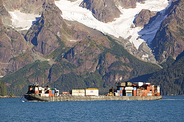 A supply ship approaching Seward, Alaska, United States of America, North America