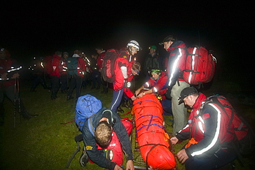 The Langdale Ambleside Mountain Rescue Team on a night search on Crinkle Crags in the Lake District, Cumbria, England, United Kingdom, Europe