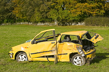 A crashed car in Cumbria, England, United Kingdom, Europe