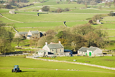 Farm houses below Wild Boar Fell in the north Pennines, England, United Kingdom, Europe