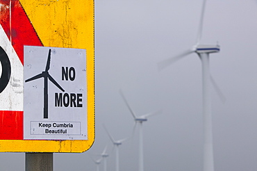 Protest sign at a wind farm in Workington, Cumbria, England, United Kingdom, Europe