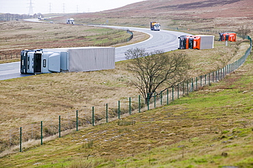 Lorries blown over on the M6 motorway near Shap in January 2005 when a severe storm hit Cumbria, England, United Kingdom, Europe