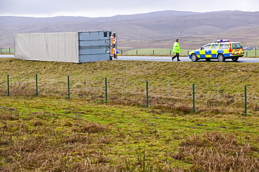 Lorries blown over on the M6 motorway near Shap in January 2005 when a severe storm hit Cumbria, England, United Kingdom, Europe