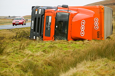 Lorries blown over on the M6 motorway near Shap in January 2005 when a severe storm hit Cumbria, England, United Kingdom, Europe