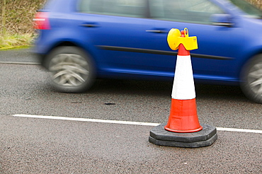 Traffic cones at road works in Cumbria, England, United Kingdom, Europe