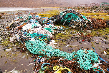 Fishing nets discarded and washed ashore at Camusnary on the Isle of Skye, Scotland, United Kingdom, Europe