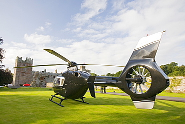 A private helicopter at Narworth Castle in North Cumbria, England, United Kingdom, Europe