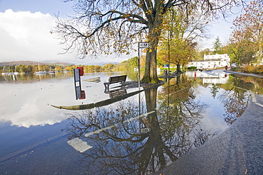 Flooding at Waterhead on Lake Windermere in Ambleside, Lake District National Park, Cumbria, England, United Kingdom, Europe