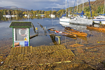Flooding at Waterhead on Lake Windermere in Ambleside, Lake District National Park, Cumbria, England, United Kingdom, Europe