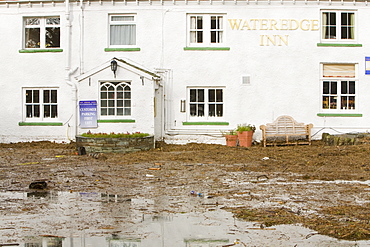 Flooding at the Wateredge Inn at Waterhead on Lake Windermere in Ambleside, Lake District National Park, Cumbria, England, United Kingdom, Europe