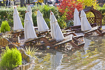 Flooding in the beer garden of the Wateredge Inn at Waterhead on Lake Windermere in Ambleside, Lake District National Park, Cumbria, England, United Kingdom, Europe