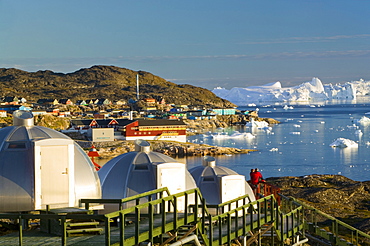 Igloos outside the Arctic Hotel in Ilulissat on Greenland, Polar Regions