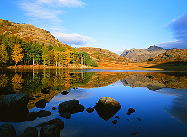 The Langdale Pikes from Blea Tarn in the Lake District National Park, Cumbria, England, United Kingdom, Europe