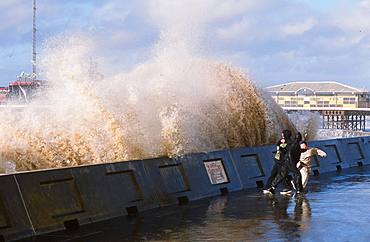 Storm waves breaking over the sea wall at Blackpool, Lancashire, England, United Kingdom, Europe