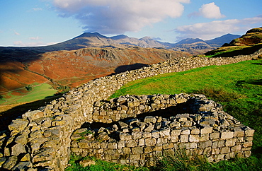 Scafell Pike from Hardknott Roman Fort in the Lake District, Cumbria, England, United Kingdom, Europe