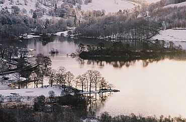 Rydal Water in snow in the Lake District National Park, Cumbria, England, United Kingdom, Europe