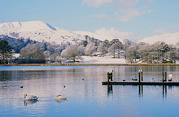 Windermere in snow in the Lake District National Park, Cumbria, England, United Kingdom, Europe