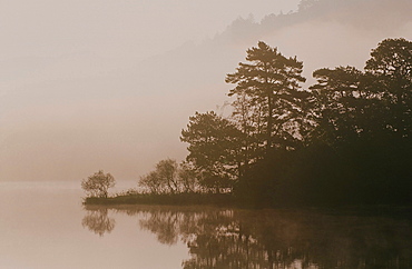 Rydal Water in autumn mist in the Lake District National Park, Cumbria, England, United Kingdom, Europe