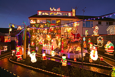 Christmas decorations on a house in Clitheroe, Lancashire, England, United Kingdom, Europe