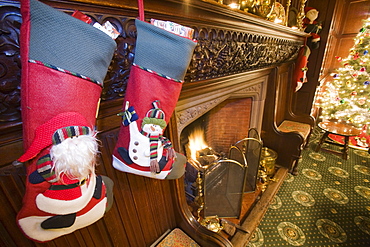 Christmas stocking decorations in a hotel in Cumbria, England, United Kingdom, Europe