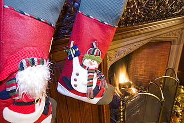 Christmas stocking decorations in a hotel in Cumbria, England, United Kingdom, Europe