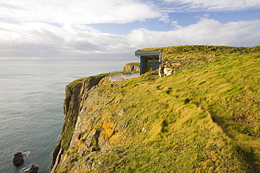 The Gallie Craig Tea room and cafe, a turf roofed building on Scotland's most southerly point, on the Mull of Galloway Scotland, United Kingdom, Europe