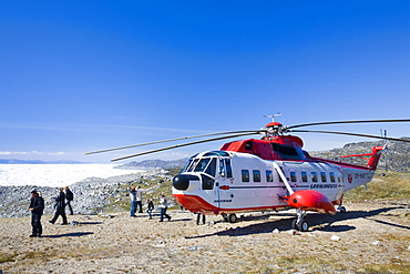 Tourists with an Air Greenland Sikorsky helicopter on trip to Jacobshavn Icefjord, Greenland, Polar Regions