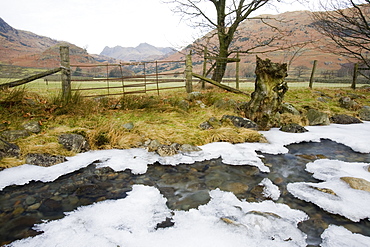 Ice on Greenburn Beck in the Lake District during a cold snap, Cumbria, England, United Kingdom, Europe