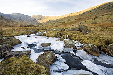 Ice on Greenburn Beck in the Lake District during a cold snap, Cumbria, England, United Kingdom, Europe