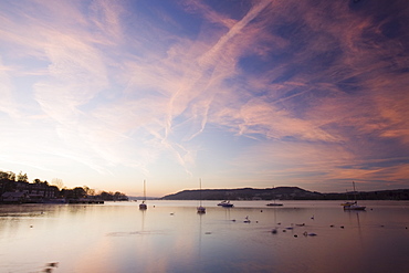 Sailing boats on Lake Windermere in the Lake District at dawn, Cumbria, England, United Kingdom, Europe