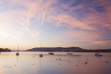 Sailing boats on Lake Windermere in the Lake District at dawn, Cumbria, England, United Kingdom, Europe
