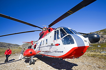 Tourists with an Air Greenland Sikorsky helicopter on trip to Jacobshavn Icefjord, Greenland, Polar Regions