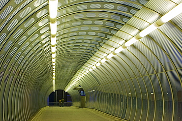 A tunnel flyover walkway at Canary Wharf, Docklands, London, England, United Kingdom, Europe