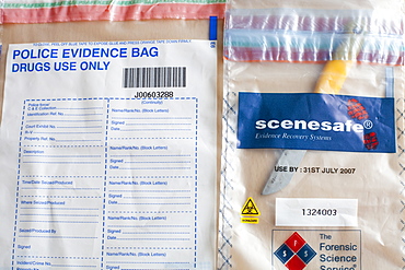 Police evidence bags for ensuring that evidential items remain uncontaminated, United Kingdom, Europe